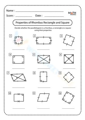 Properties of Rhombus Rectangle and Square Worksheet