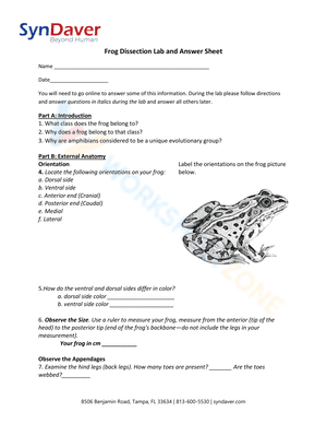 Frog Dissection Lab and Answer Sheet