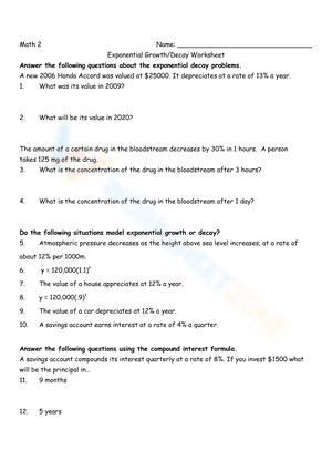 Exponential Growth/Decay Worksheet 