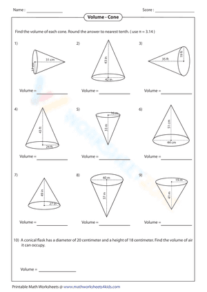 Volume of a cone worksheet 2
