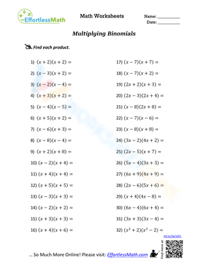 Multiplying Binomials Worksheet