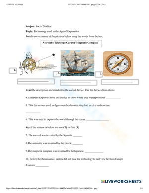 Worksheet of the age of exploration