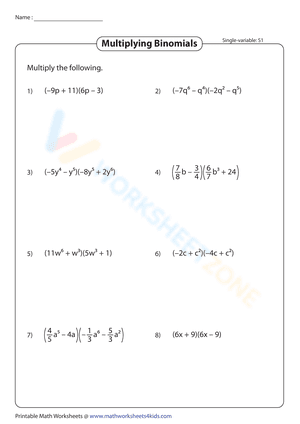 Multiplying Binomials worksheet