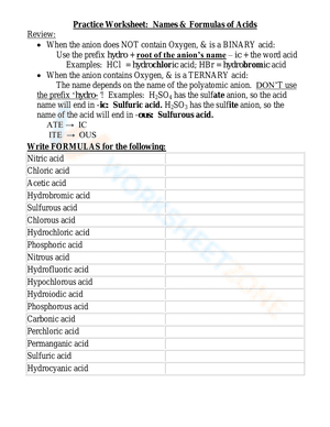 Practice Worksheet: Names & Formulas of Acids