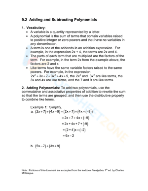 Adding and Subtracting Polynomials Note