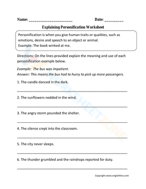 Explaining Personification Worksheet