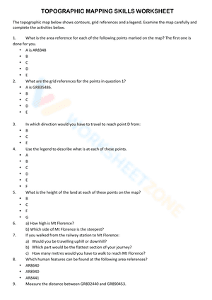 TOPOGRAPHIC MAPPING SKILLS WORKSHEET