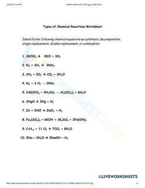 Worksheet of single replacement reaction