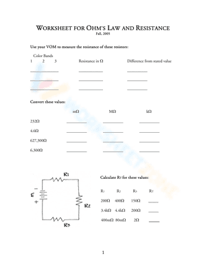 WORKSHEET FOR OHM’S LAW AND RESISTANCE
