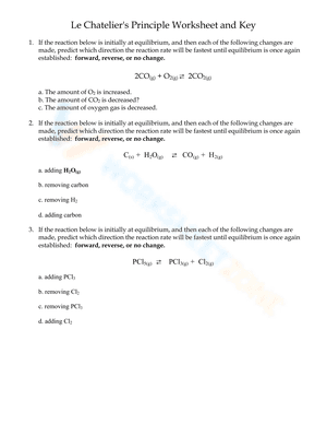 Le Chatelier's Principle Worksheet and Key