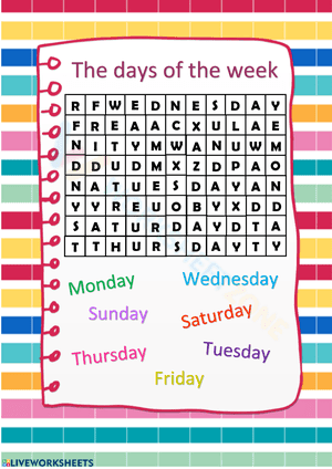 Days of the week wordsearch