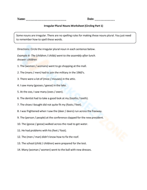Irregular Plural Nouns Worksheet (Circling Part 1)