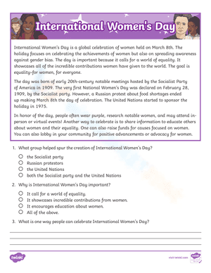 Fifth Grade International Women's Day Reading Passage Comprehension Activity