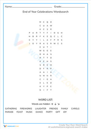 End of Year Celebrations Wordsearch