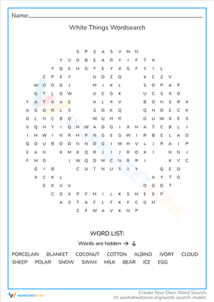 White Things Wordsearch