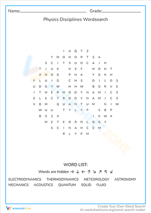 Physics Disciplines Wordsearch