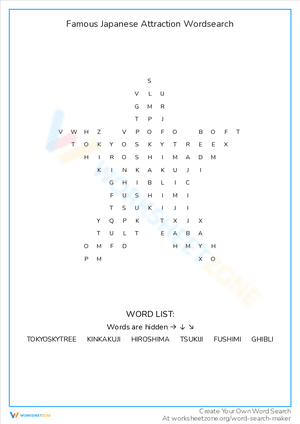 Famous Japanese Attraction Wordsearch
