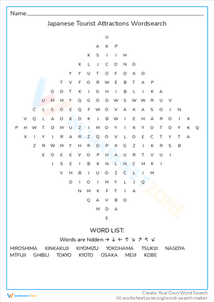 Japanese Tourist Attractions Wordsearch