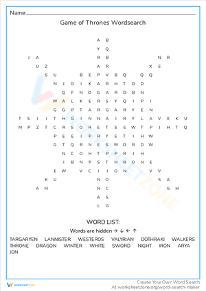 Game of Thrones Wordsearch