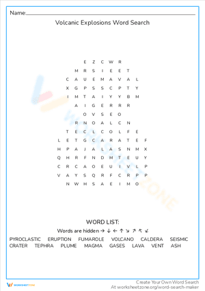 Volcanic Explosions Word Search