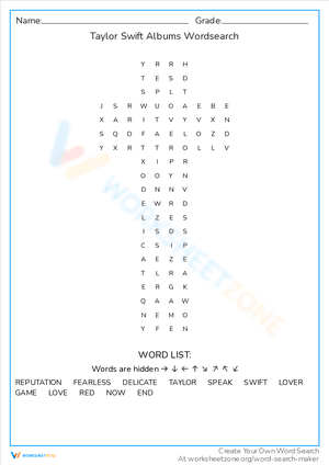 Taylor Swift Albums Wordsearch