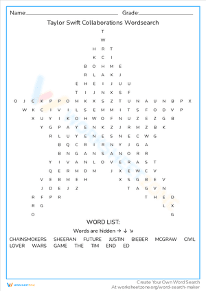 Taylor Swift Collaborations Wordsearch