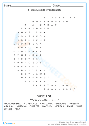 Horse Breeds Wordsearch