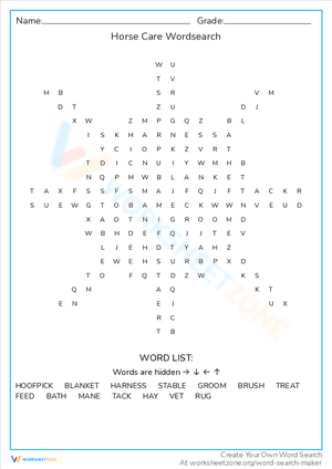 Horse Care Wordsearch