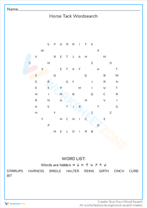 Horse Tack Wordsearch