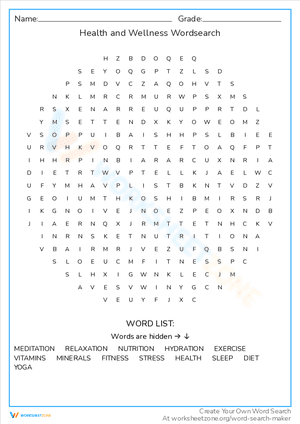 Health and Wellness Wordsearch