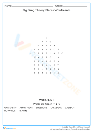 Big Bang Theory Places Wordsearch