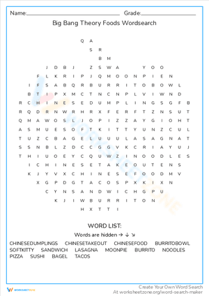 Big Bang Theory Foods Wordsearch