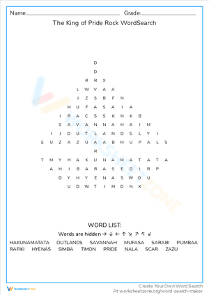 The King of Pride Rock WordSearch
