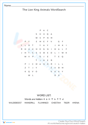 The Lion King Animals WordSearch