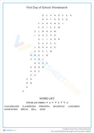 First Day of School Wordsearch