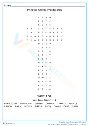 Princess Outfits Wordsearch