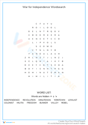 War for Independence Wordsearch