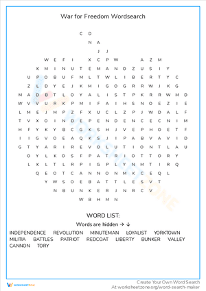 War for Freedom Wordsearch