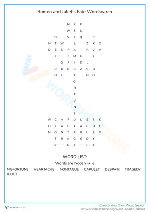 Romeo and Juliet's Fate Wordsearch
