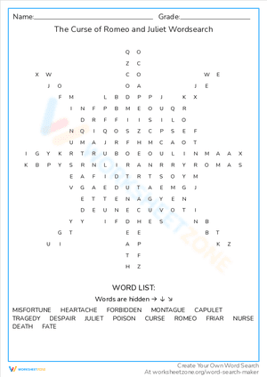 The Curse of Romeo and Juliet Wordsearch