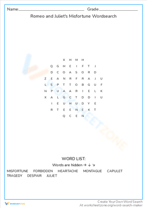Romeo and Juliet's Misfortune Wordsearch