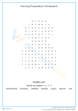 Morning Preparations Wordsearch