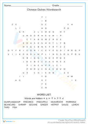 Chinese Dishes Wordsearch