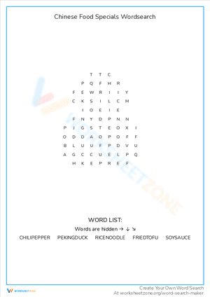 Chinese Food Specials Wordsearch