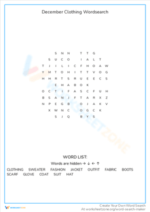 December Clothing Wordsearch