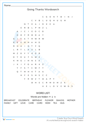 Giving Thanks Wordsearch