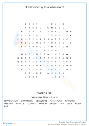 St Patrick's Day Kiss Wordsearch