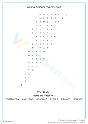 Animal Science Wordsearch