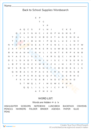 Back to School Supplies Wordsearch 2