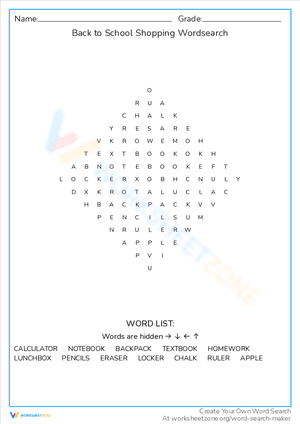 Back to School Shopping Wordsearch